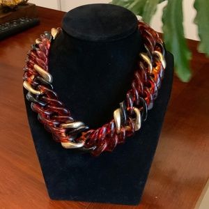 VINTAGE 1970s Chunky Acrylic Chain Necklace Faux Tortoiseshell & Goldtone